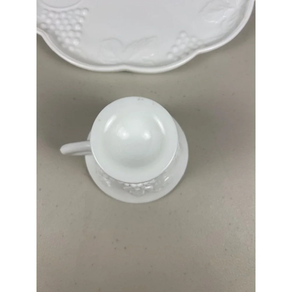 Westmoreland Milk Glass Grape Pattern Snack Set Plate and Cup White Vintage